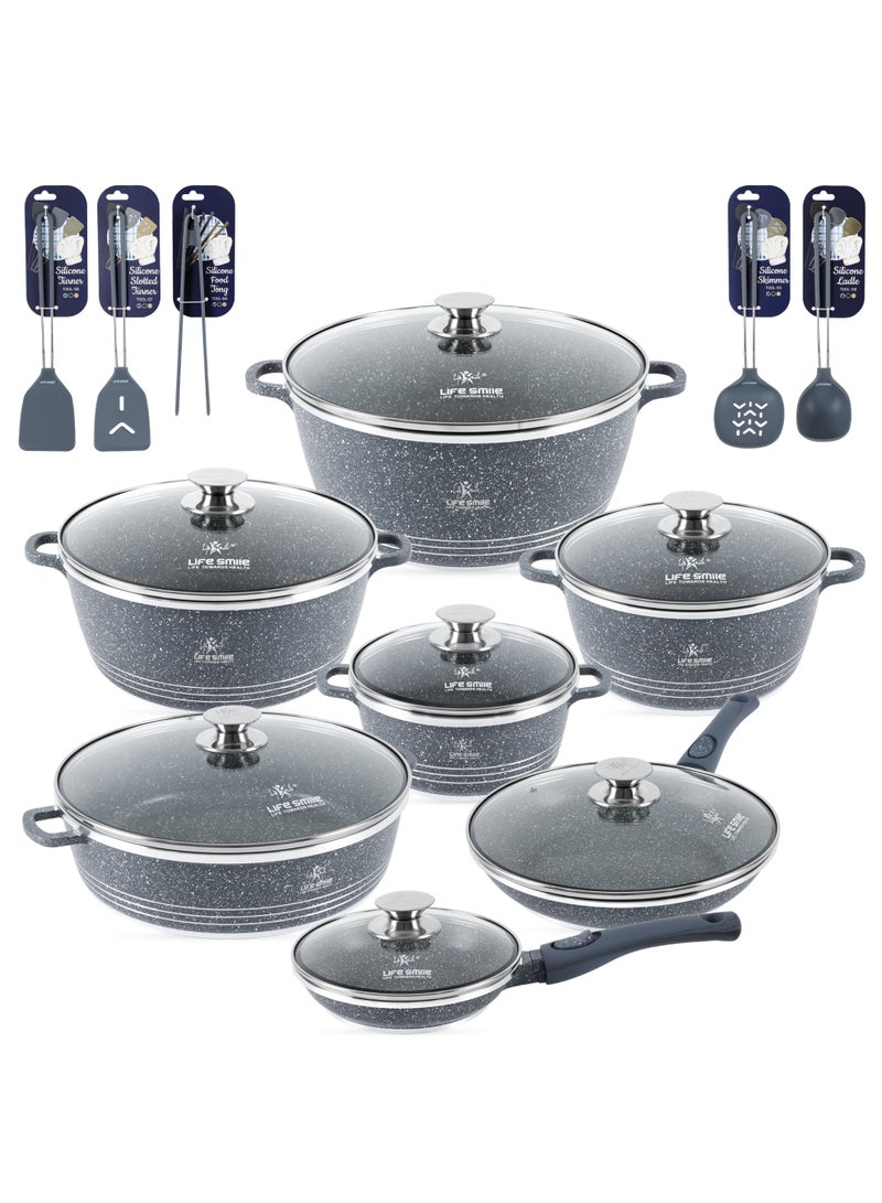 Life Smile Nonstick Cookware Set 19 Pcs Cookwares –Energy Saver Pots and Pans Set – Granite Coating Cooking Pots Set Includes 32 cm x 9.5 L Casserole with Lid, 28 cm x 6.7 L Casserole with Lid, 24 cm x 4.1 L Casserole with Lid, 20 cm x 2.3 L Casserole with Lid, 28 cm x 2.5 L Fry Pan, 20 cm x 1 L Fry Pan, 32 cm x 6.6 L Shallow Pot with Lid & Silicone Utensils - Image 1