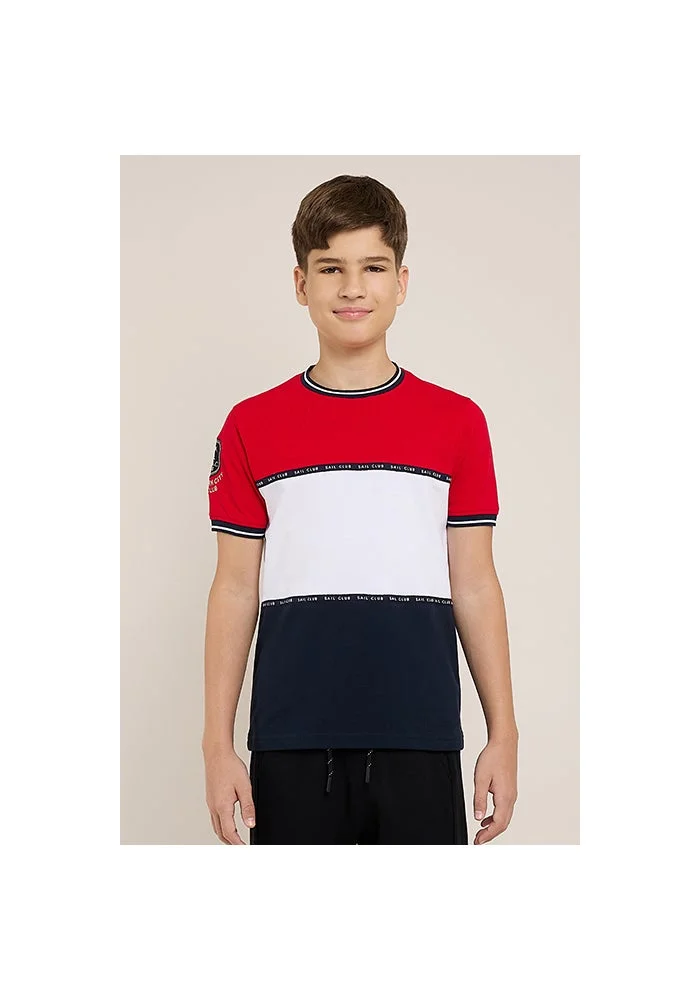 أر أند بي Color Block T-Shirt with Crew Neck and Short Sleeves