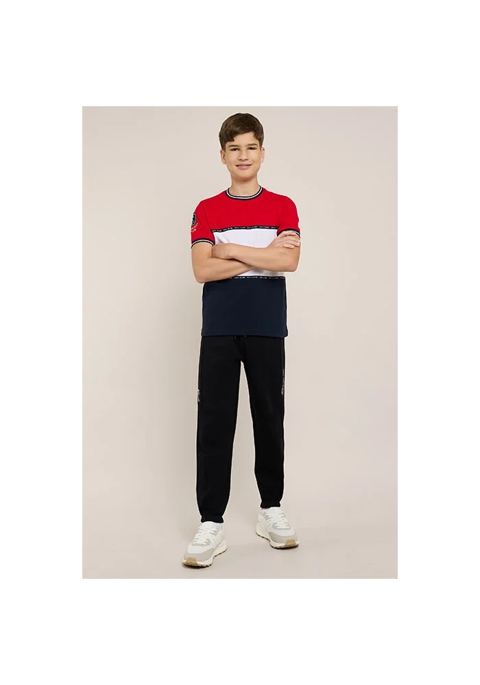 أر أند بي Color Block T-Shirt with Crew Neck and Short Sleeves
