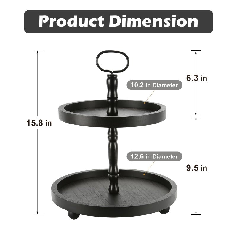 SYNCVIBE Wooden Two Tiered Tray Stand, Farmhouse Round 2 Tier Decorative Tray for Home Kitchen Table Decor, Serving Tray for Coffee Bar Party Weddding Holiday Decorations Fruits and Cupcake Display (Black) - Image 3