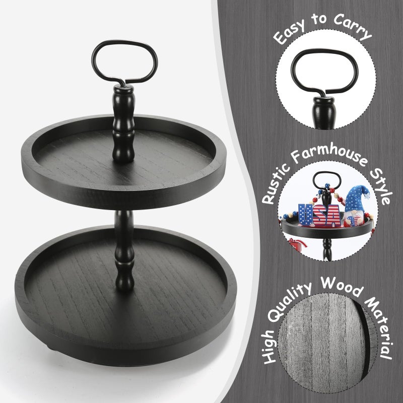 SYNCVIBE Wooden Two Tiered Tray Stand, Farmhouse Round 2 Tier Decorative Tray for Home Kitchen Table Decor, Serving Tray for Coffee Bar Party Weddding Holiday Decorations Fruits and Cupcake Display (Black) - Image 2
