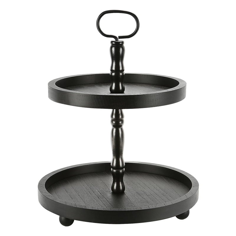 SYNCVIBE Wooden Two Tiered Tray Stand, Farmhouse Round 2 Tier Decorative Tray for Home Kitchen Table Decor, Serving Tray for Coffee Bar Party Weddding Holiday Decorations Fruits and Cupcake Display (Black) - Image 1