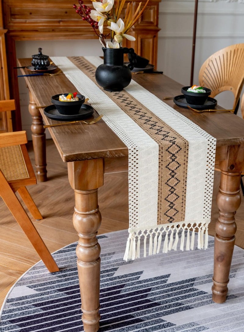 European simple light luxury cotton and linen table runner color-blocked tassel long tablecloth, festival tea table table runner decoration 30*180cm - Image 1
