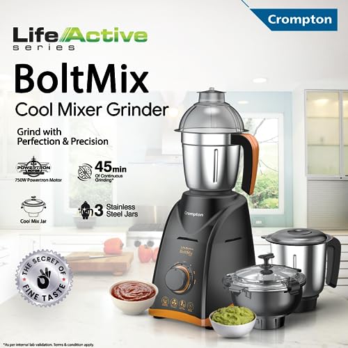 Crompton Boltmix Cool 750 W Mixer grinder with 3 Jars (3 stainless steel Jars, Cool Mix Chutney Jar with Casing)|Heavy Duty Powertron Motor & Motor Vent-X Technology |Black - Image 2