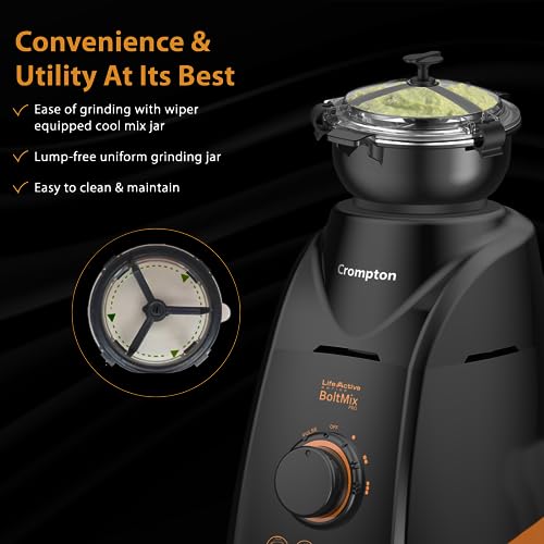 Crompton Boltmix Cool 750 W Mixer grinder with 3 Jars (3 stainless steel Jars, Cool Mix Chutney Jar with Casing)|Heavy Duty Powertron Motor & Motor Vent-X Technology |Black - Image 3