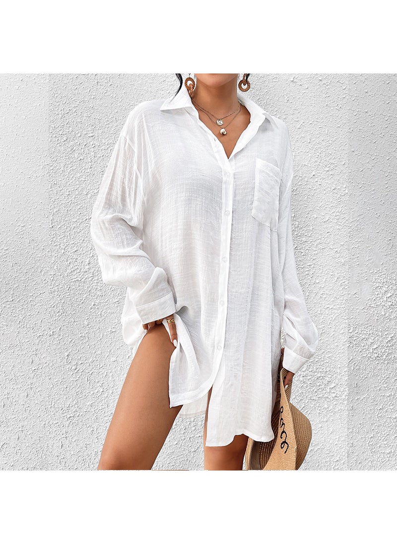 Generic 2024 New Bamboo Cotton Sun Protection Shirt Style Beach Cover Up Holiday Bikini Swimwear Outside Coords Childrens Two-Piece Swi White(1356) 