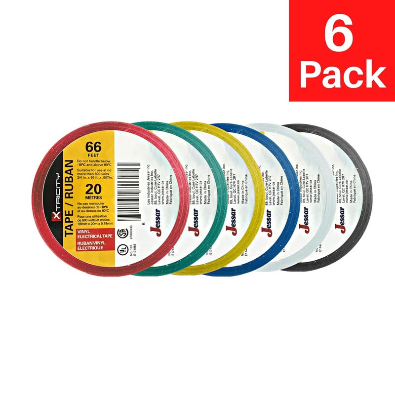 Xtricity Vinyl Multicolor Electrical Tape 3/4 inch x 66 Ft for Electrical Insulation, Wire Bundling and DIY Repairs – Durable, Stretchy, General Purpose – Up to 600V (6 Pack) - Image 2