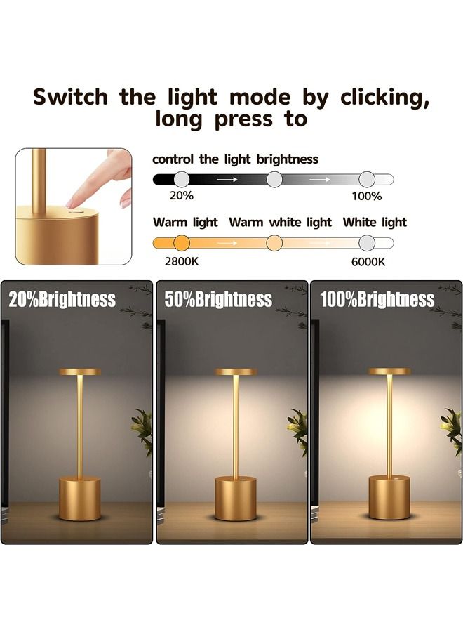 Taimi Rechargeable Cordless Metal Table Lamp Outdoor Portable Battery Operated Desk Lamps 3-Levels Brightness Wireless Powered Small Night Light for Restaurants Garden Patio Bedroom Gold - Image 2