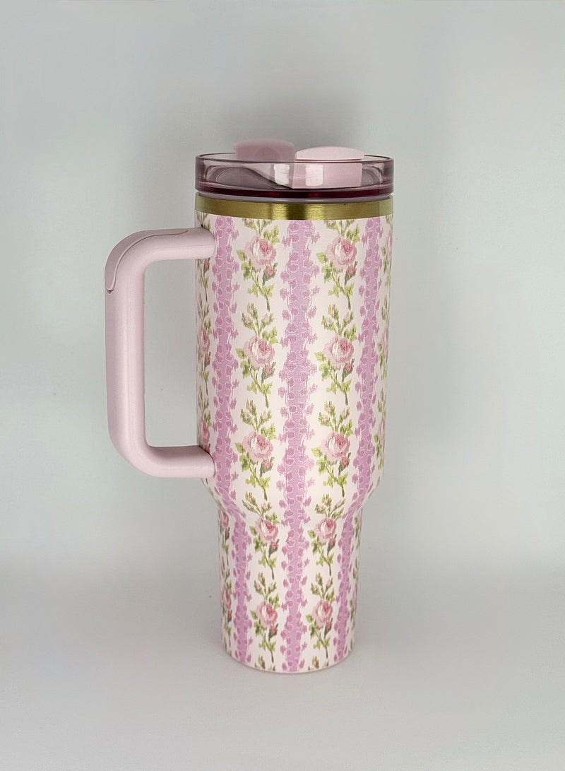 Stanley Stanley Love Shack Fancy H2.0 Flow State 40oz Pink Rose Cortex Tumbler, Stainless Steel Vacuum Insulated Quencher with Lid, Straw, and Stopper, Ideal for Water and Iced Tea, Keeps Drinks Cold, Presented in Elegant Gift-Ready Packaging  - Image 2