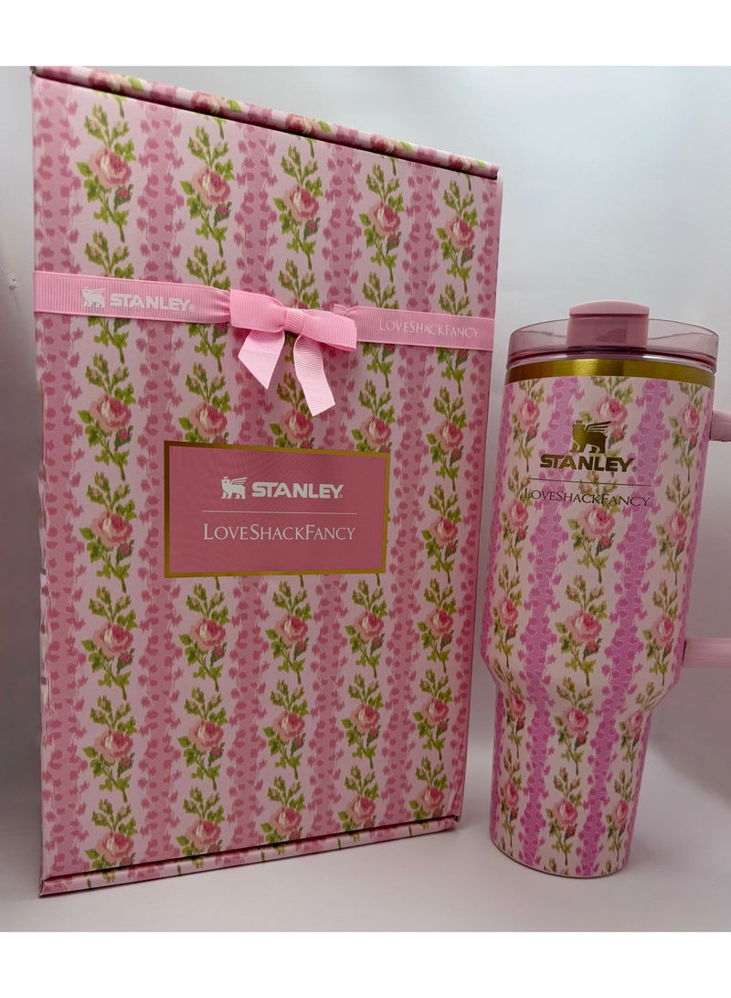 Stanley Stanley Love Shack Fancy H2.0 Flow State 40oz Pink Rose Cortex Tumbler, Stainless Steel Vacuum Insulated Quencher with Lid, Straw, and Stopper, Ideal for Water and Iced Tea, Keeps Drinks Cold, Presented in Elegant Gift-Ready Packaging  - Image 3