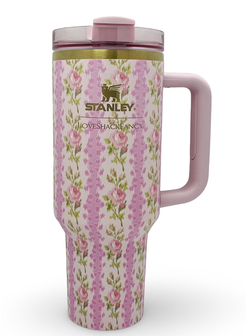 Stanley Stanley Love Shack Fancy H2.0 Flow State 40oz Pink Rose Cortex Tumbler, Stainless Steel Vacuum Insulated Quencher with Lid, Straw, and Stopper, Ideal for Water and Iced Tea, Keeps Drinks Cold, Presented in Elegant Gift-Ready Packaging  - Image 1