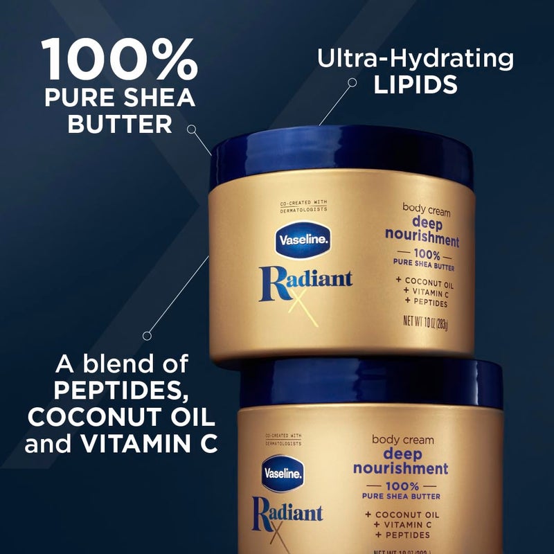 Vaseline Radiant X Deep Nourishment Body Cream 100% Pure Shea Butter, Coconut Oil, Vitamin C, & Peptides 10 oz - Image 2