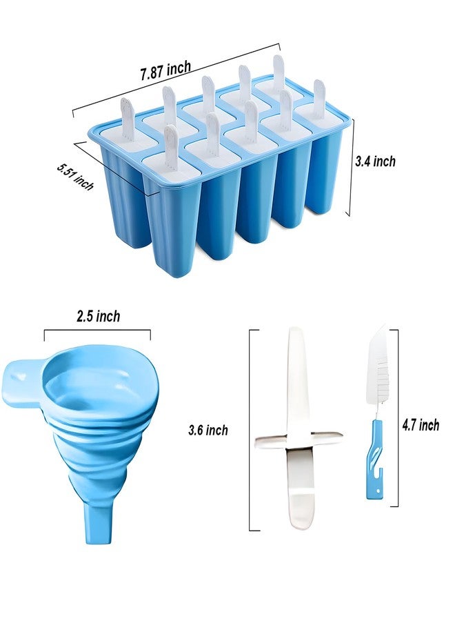 BRENSTEN Silicone Popsicle Molds 10 Pcs Ice Pop Maker Molds with 10 Reusable Sticks, Cleaning Brush and Funnel - Homemade Easy-Release Reusable Popsicle Moulds Shapes (Blue) - Image 4