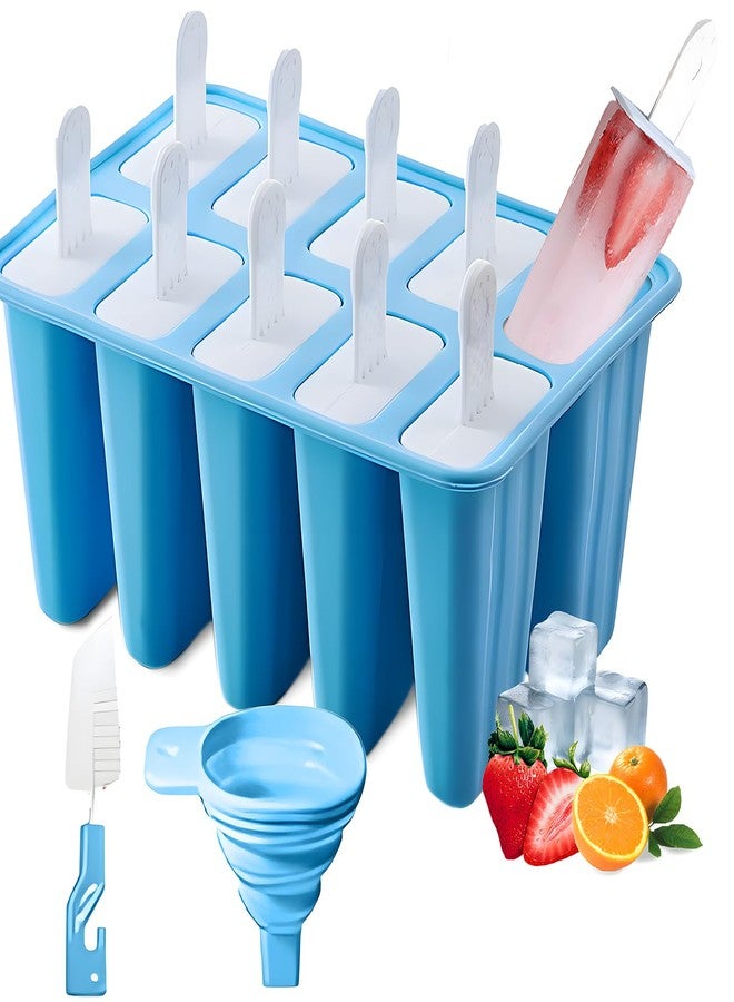 BRENSTEN Silicone Popsicle Molds 10 Pcs Ice Pop Maker Molds with 10 Reusable Sticks, Cleaning Brush and Funnel - Homemade Easy-Release Reusable Popsicle Moulds Shapes (Blue) - Image 1