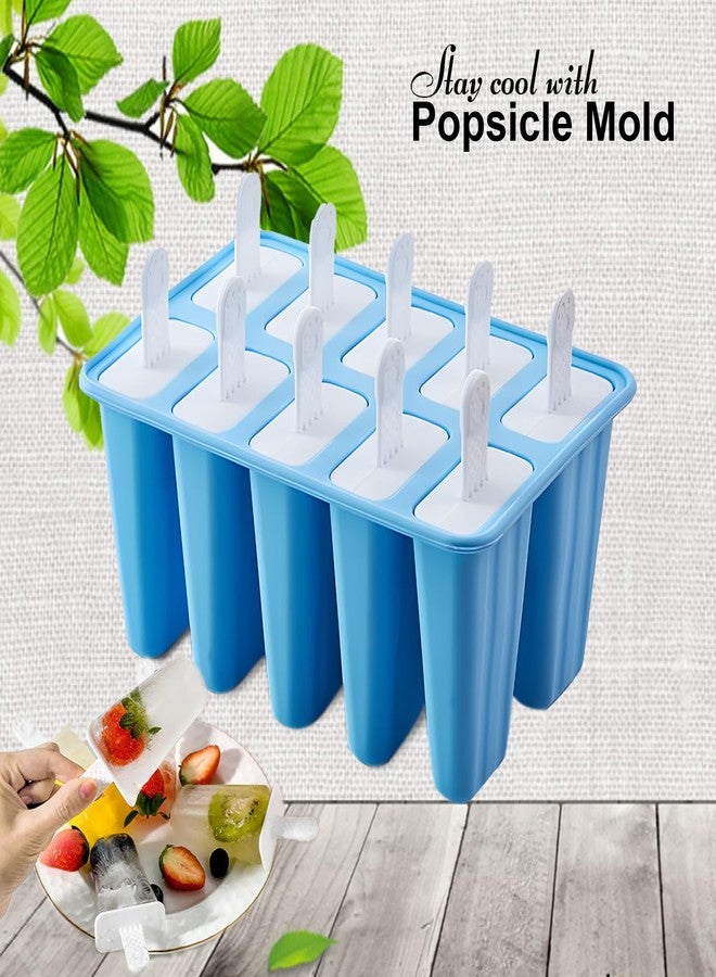 BRENSTEN Silicone Popsicle Molds 10 Pcs Ice Pop Maker Molds with 10 Reusable Sticks, Cleaning Brush and Funnel - Homemade Easy-Release Reusable Popsicle Moulds Shapes (Blue) - Image 2