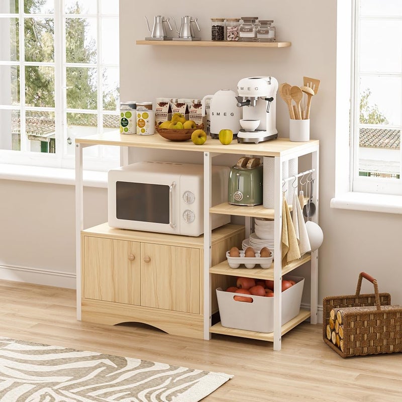 JANTENS Coffee Corner Stand,3-Shelf Coffee Bar Station,Kitchen Cabinet with 5-S Hook,Microwave Rack, Buffet Sideboard Cabinet,Kitchen Storage Stand for Living Room (Beige) - Image 1