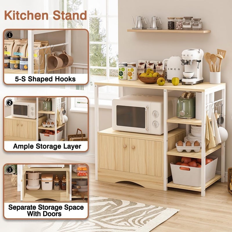 JANTENS Coffee Corner Stand,3-Shelf Coffee Bar Station,Kitchen Cabinet with 5-S Hook,Microwave Rack, Buffet Sideboard Cabinet,Kitchen Storage Stand for Living Room (Beige) - Image 3