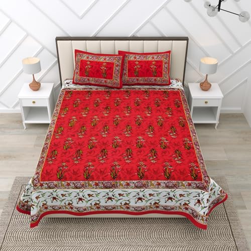 RajasthaniKart® Pure 100% Cotton Double Bed Sheet with 2 Pillow Covers (Bedsheet for Double Bed Cotton, Red Flower Patti Jaipuri, King Size,5246) - Image 3
