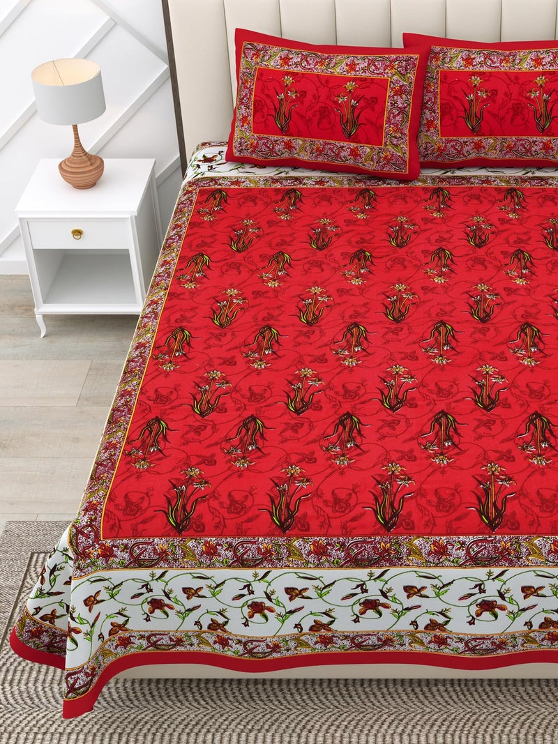 RajasthaniKart® Pure 100% Cotton Double Bed Sheet with 2 Pillow Covers (Bedsheet for Double Bed Cotton, Red Flower Patti Jaipuri, King Size,5246) - Image 2