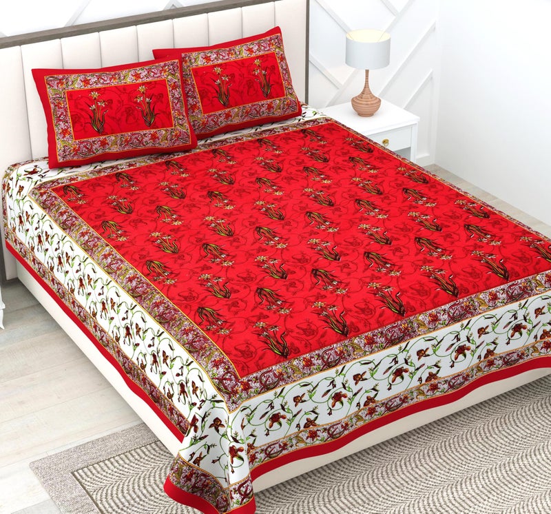 RajasthaniKart® Pure 100% Cotton Double Bed Sheet with 2 Pillow Covers (Bedsheet for Double Bed Cotton, Red Flower Patti Jaipuri, King Size,5246) - Image 1