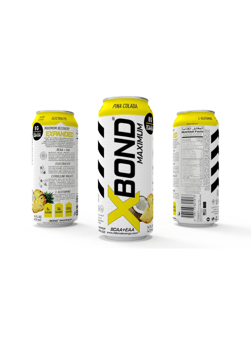 Xbond X-BOND 8g BCAA/EAA Pina Colada Maximum RecoveryExpanded Maximum Amino Drink - BCAA + EAA Electrolytes Drink - 16 fl oz (473 ml) -  Sugar Free 34 Calories, 60mg Caffeine Pack of 12 - Image 2