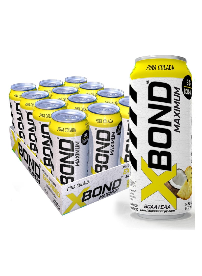 Xbond X-BOND 8g BCAA/EAA Pina Colada Maximum RecoveryExpanded Maximum Amino Drink - BCAA + EAA Electrolytes Drink - 16 fl oz (473 ml) -  Sugar Free 34 Calories, 60mg Caffeine Pack of 12 - Image 1