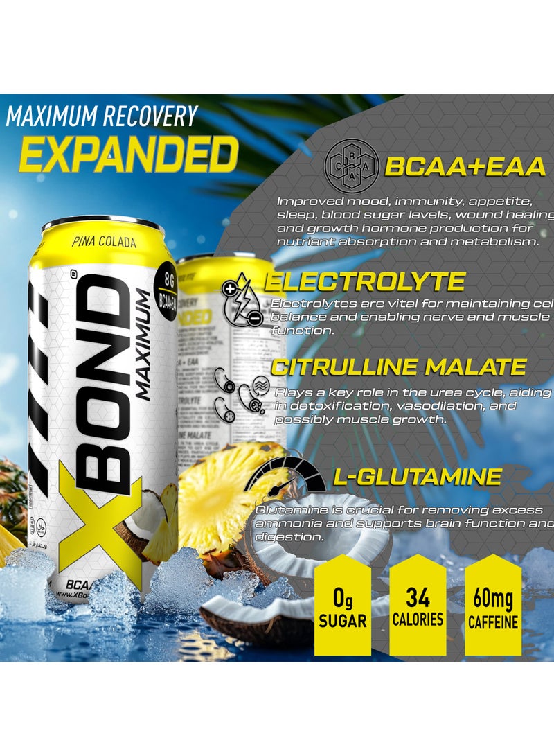 Xbond X-BOND 8g BCAA/EAA Pina Colada Maximum RecoveryExpanded Maximum Amino Drink - BCAA + EAA Electrolytes Drink - 16 fl oz (473 ml) -  Sugar Free 34 Calories, 60mg Caffeine Pack of 12 - Image 4