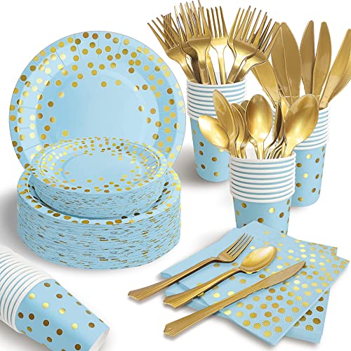 AIRE 175Pcs Blue and Gold Paper Plates Dinnerware Sets for 25 Guests, Party Decorations Paper Plates Party Supplies Gold Plastic Forks Knives Spoons, Golden Dot Napkins Cups For Birthday Baby Shower - Image 1