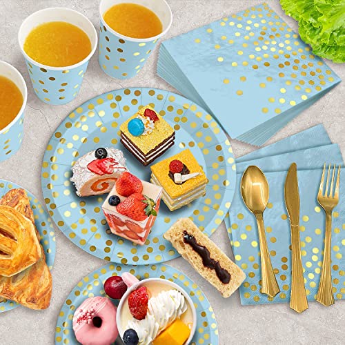 AIRE 175Pcs Blue and Gold Paper Plates Dinnerware Sets for 25 Guests, Party Decorations Paper Plates Party Supplies Gold Plastic Forks Knives Spoons, Golden Dot Napkins Cups For Birthday Baby Shower - Image 4