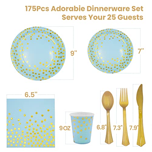 AIRE 175Pcs Blue and Gold Paper Plates Dinnerware Sets for 25 Guests, Party Decorations Paper Plates Party Supplies Gold Plastic Forks Knives Spoons, Golden Dot Napkins Cups For Birthday Baby Shower - Image 2