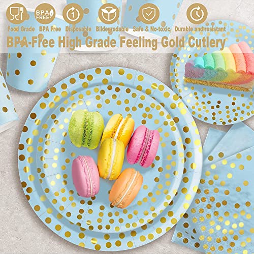 AIRE 175Pcs Blue and Gold Paper Plates Dinnerware Sets for 25 Guests, Party Decorations Paper Plates Party Supplies Gold Plastic Forks Knives Spoons, Golden Dot Napkins Cups For Birthday Baby Shower - Image 3