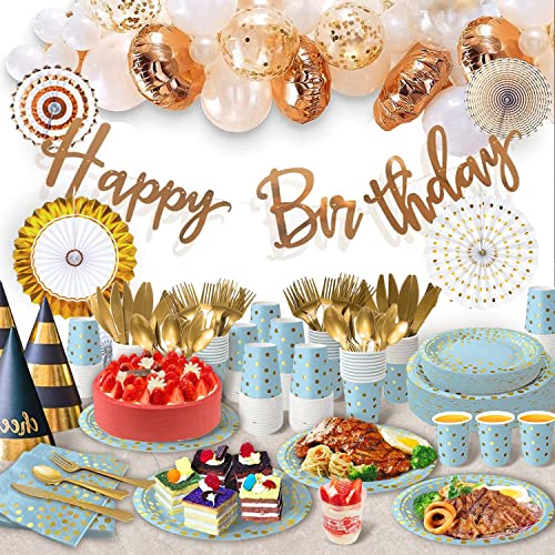 AIRE 175Pcs Blue and Gold Paper Plates Dinnerware Sets for 25 Guests, Party Decorations Paper Plates Party Supplies Gold Plastic Forks Knives Spoons, Golden Dot Napkins Cups For Birthday Baby Shower - Image 5