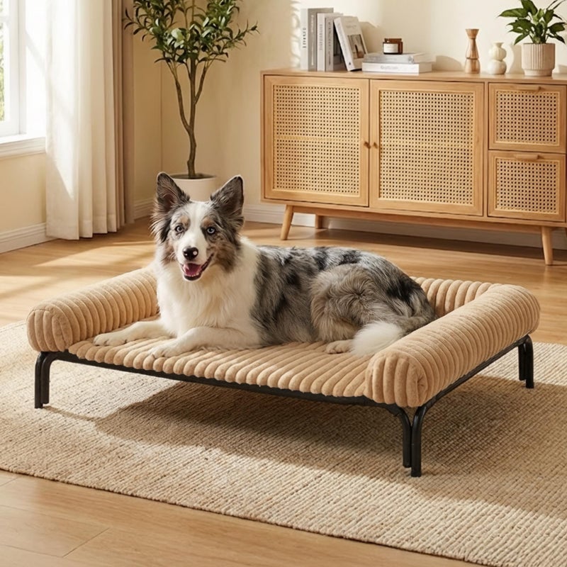 DOPEDIO Elevated Dog Bed with Removable Fluffy Pillow Cushion, Raised Pet Cot Washable Bolster, Dog Couch Sofa, Anti Slip Feet, Khaki, 43"Ã—32" - Image 1