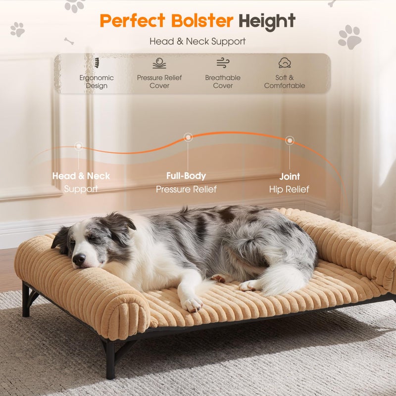 DOPEDIO Elevated Dog Bed with Removable Fluffy Pillow Cushion, Raised Pet Cot Washable Bolster, Dog Couch Sofa, Anti Slip Feet, Khaki, 43"Ã—32" - Image 2