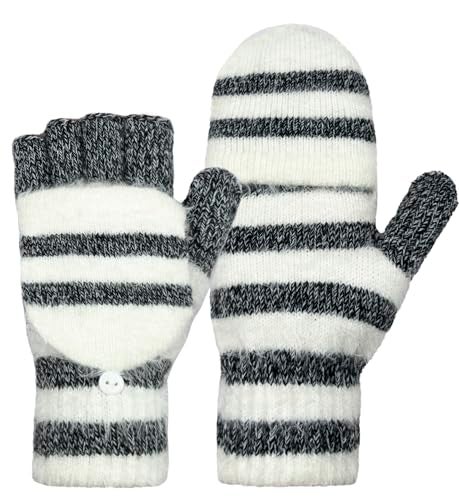 Beurlike Winter Fingerless Gloves Mittens for Women Men Warm Wool Knitted Convertible Flip Top Mittens Cold WeatherBlack White - Image 1