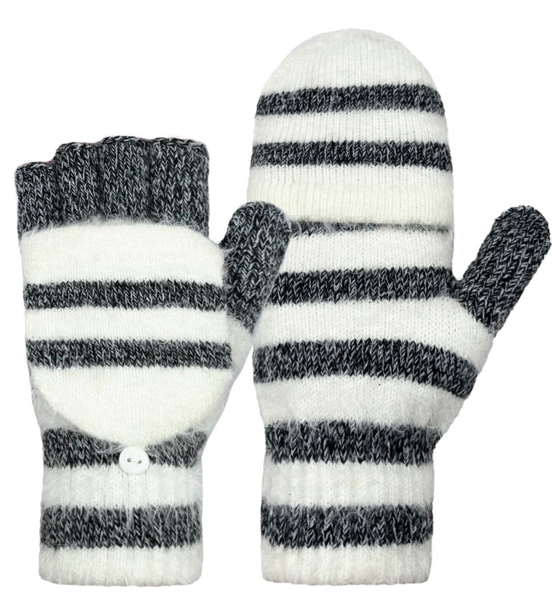 Beurlike Winter Fingerless Gloves Mittens for Women Men Warm Wool Knitted Convertible Flip Top Mittens Cold WeatherBlack White - Image 2