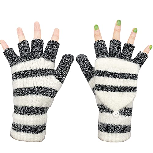 Beurlike Winter Fingerless Gloves Mittens for Women Men Warm Wool Knitted Convertible Flip Top Mittens Cold WeatherBlack White - Image 3