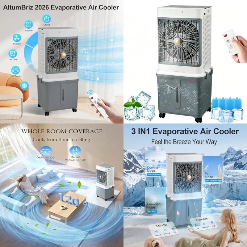 Evaporative Air Cooler Cooling Fan 3 Speeds with Remote Touch Control 120 Oscillating 7H Timer Portable ac Unit w 35L Water Tank with 4 Ice Boxes for Office and Home-Fragrance Model - Image 1