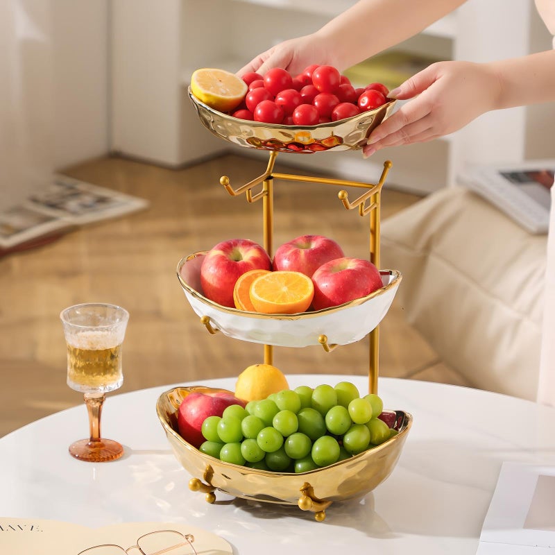 XUDREZ 3 Tier Fruit Bowl with Metal Stand for Kitchen Counter, Ceramic White Gold Silver, Tiered Fruit Basket for Nuts, Snacks, Bread, Candy Storage (Gold) - Image 3