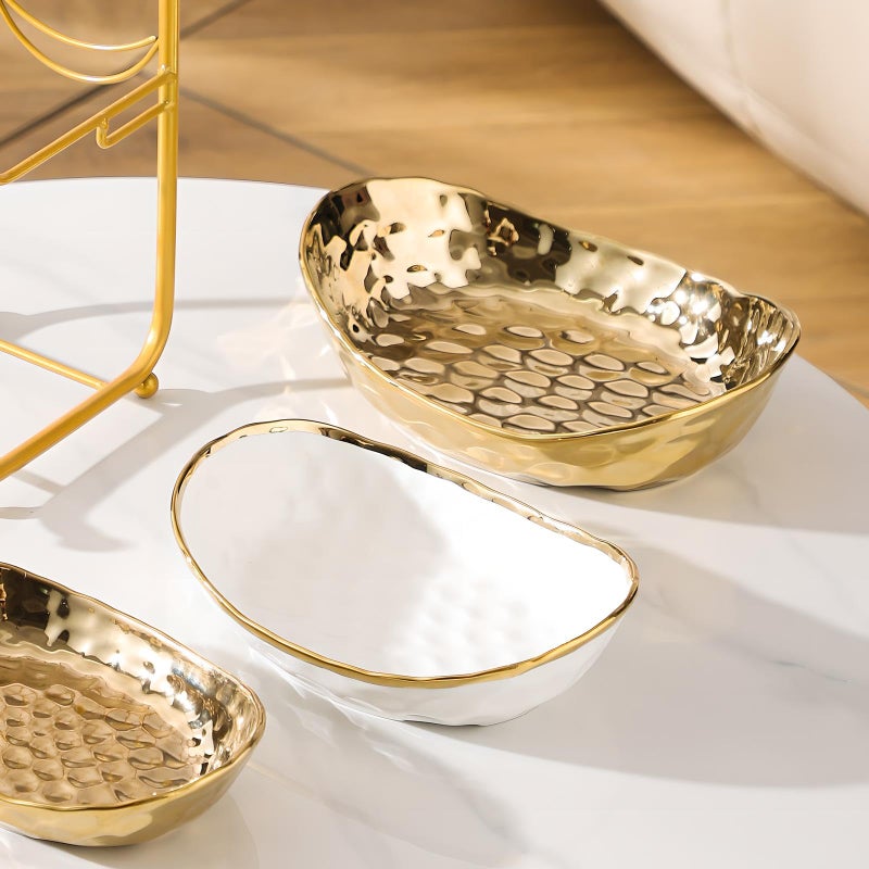 XUDREZ 3 Tier Fruit Bowl with Metal Stand for Kitchen Counter, Ceramic White Gold Silver, Tiered Fruit Basket for Nuts, Snacks, Bread, Candy Storage (Gold) - Image 5