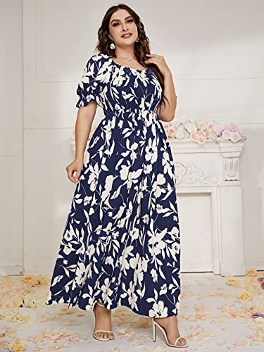 MakeMeChic Women's Plus Size Boho Floral Maxi Dress Curvy Short Sleeve Shirred Squared Neck Flomal Long Dress A Multi Blue 2XL - Image 3