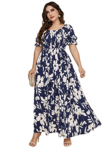 MakeMeChic Women's Plus Size Boho Floral Maxi Dress Curvy Short Sleeve Shirred Squared Neck Flomal Long Dress A Multi Blue 2XL - Image 1