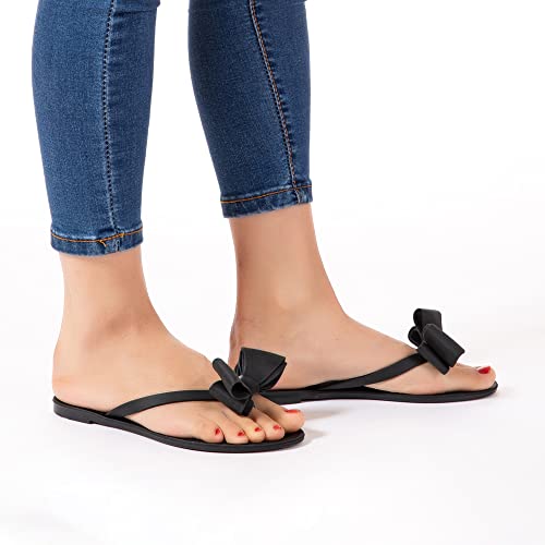 Mtzyoa Women Flip-Flops Bow Sandals Beach Flat Rivets Rain Jelly Slides Black Size 7.5 Summer Casual Waterproof - Image 4