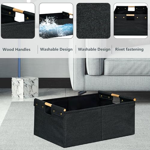 CUUSNNY 2 Pack Rectanglar Storage Basket Cotton Linen Fabric Collapsible Storage Bin with Wooden Handles Large Gift Basket for Closet Bookshelves Cabinets Clothes Organizer for Home Office Black - Image 3