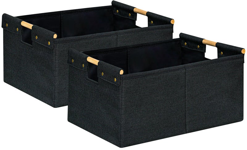 CUUSNNY 2 Pack Rectanglar Storage Basket Cotton Linen Fabric Collapsible Storage Bin with Wooden Handles Large Gift Basket for Closet Bookshelves Cabinets Clothes Organizer for Home Office Black - Image 2