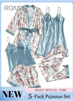 roaiss 5-Pack Women's Pajama Sets Sweet Floral Printing Homewear Ladies Nightwear Silky Clothes Suits Spring Summer Sleepwear Sling with Chest Pad Nightdress(Suspender Top + Suspender Skirt + Nightgown + Shorts + Trousers)Blue  - Image 1
