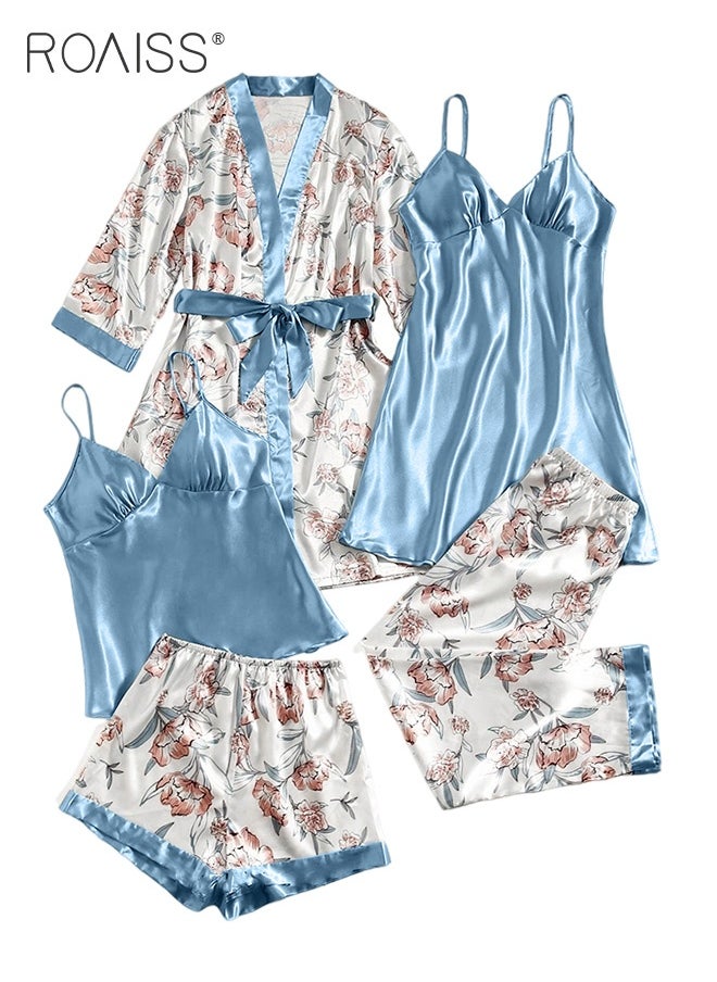 roaiss 5-Pack Women's Pajama Sets Sweet Floral Printing Homewear Ladies Nightwear Silky Clothes Suits Spring Summer Sleepwear Sling with Chest Pad Nightdress(Suspender Top + Suspender Skirt + Nightgown + Shorts + Trousers)Blue  - Image 1