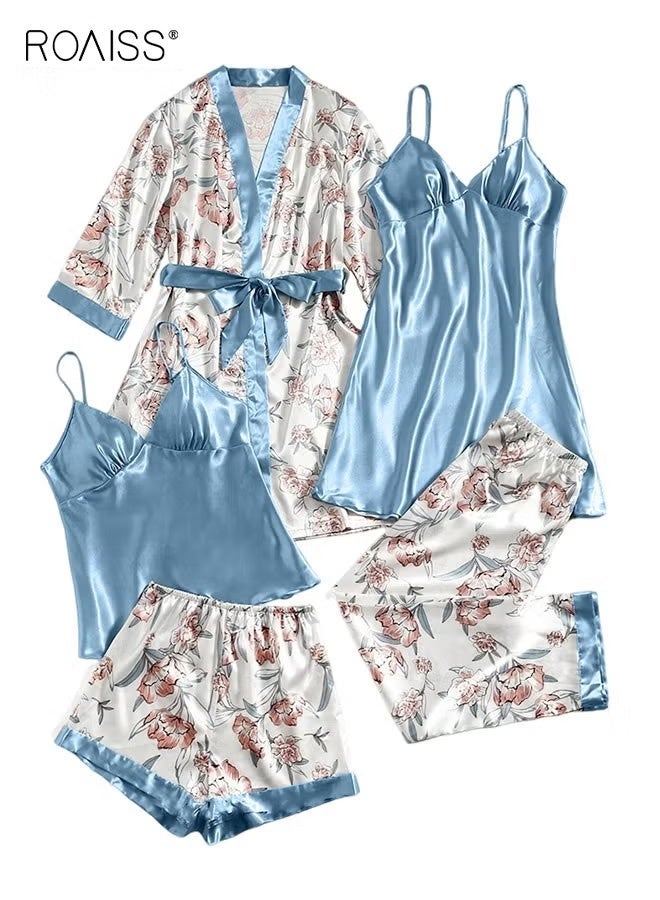 roaiss 5-Pack Women's Pajama Sets Sweet Floral Printing Homewear Ladies Nightwear Silky Clothes Suits Spring Summer Sleepwear Sling with Chest Pad Nightdress(Suspender Top + Suspender Skirt + Nightgown + Shorts + Trousers)Blue - Image 2