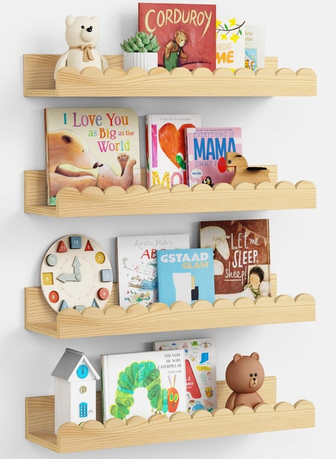 Harwaya Scalloped Nursery Bookshelf Wall Mounted 4-Pack, Natural Wood Floating Book Shelves for Wall, Cloud Wall Mount Bookshelves for Kids Bedroom, Baby Children Toddler Room (Natural Pine Wood) - Image 1