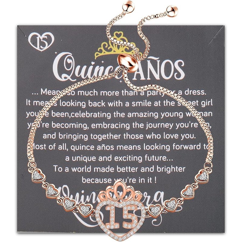FEELMEM Quinceanera 15 Quince Anos Princess Crown Charm Bracelet Happy 15th Birthday Gift - Image 1